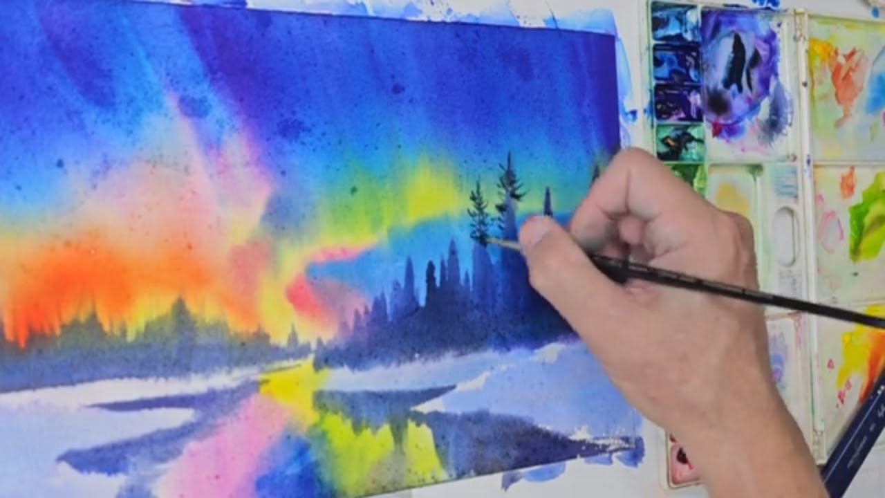 How to paint northern lights in watercolor 水彩畫北極光