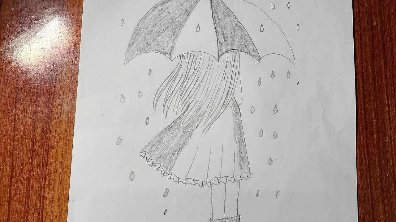 How to draw a girl with an umbrella and rain drawing tutorial..