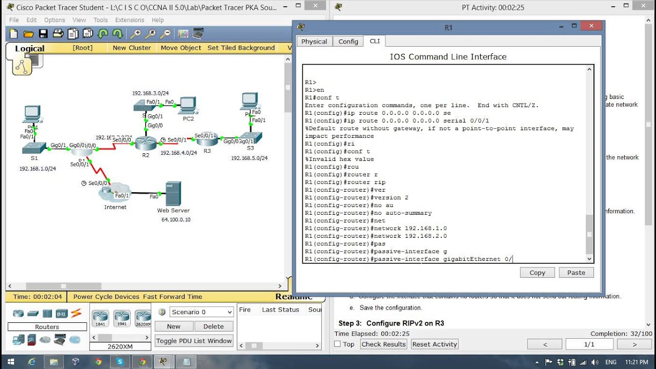 CCNA2 7.3.1.8 Packet Tracer Configuring RIPv2