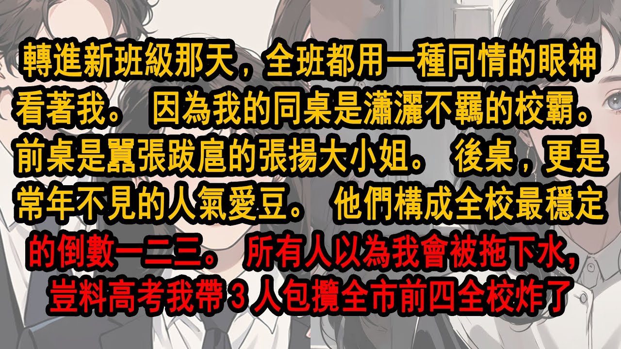 轉進新班級那天,全班都用一種同情眼神看著我。因為我的同桌是不羈的校霸。前桌是囂張大小姐。後桌,更是人氣愛豆。他們構成全校最穩定的倒數一二三。所有人以為我會被拖下水，豈料高考我帶3人包攬全市前四全校炸了