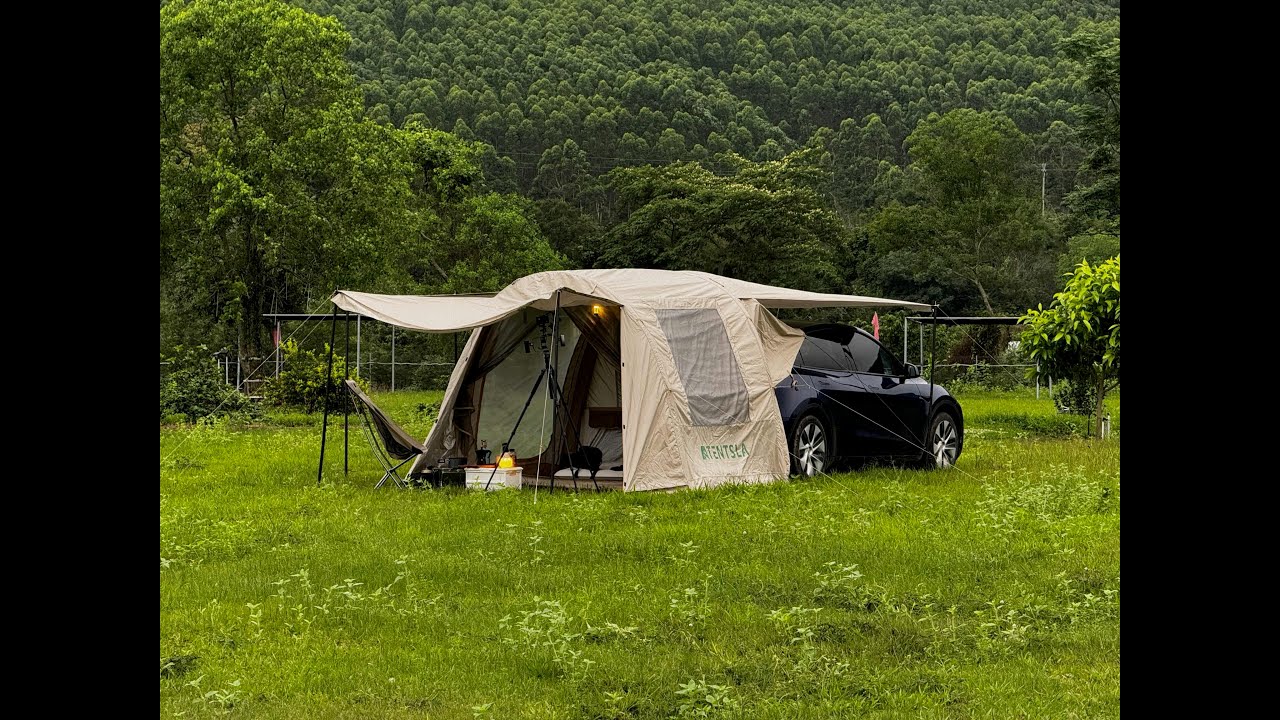 Rainy Solo Camping with a Model Y and Tentsla