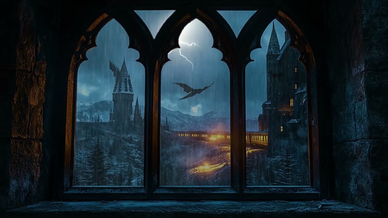Soft Rain at Hogwarts Castle Window at Night, Deep Sleep Ambience for Calm and Relaxation