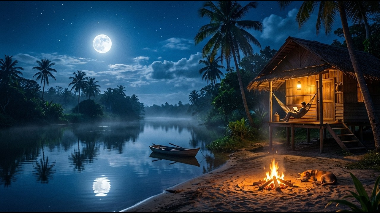 Tranquil Tropical Riverside Night 🌴 Full Moon Ambience, Campfire Sounds & Peaceful Nature Relaxation