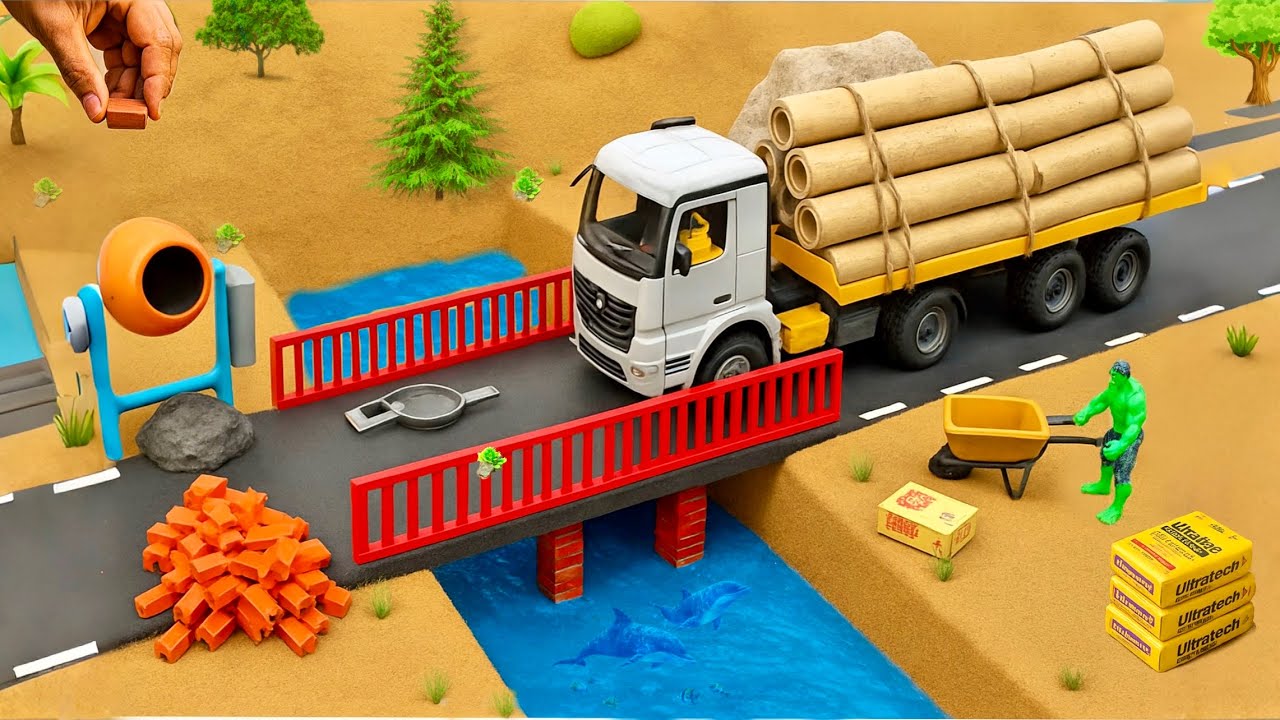 DIY Mini Truck Builds Brick & Metal Railing Bridge | Fun Construction Science Project
