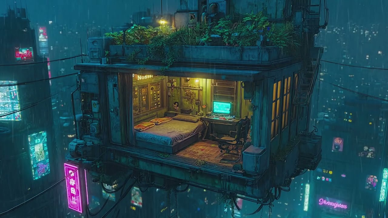 Rustic Stilt House Overlooking a Neon City – Rain and Lo-fi | Deep Focus & Sleep
