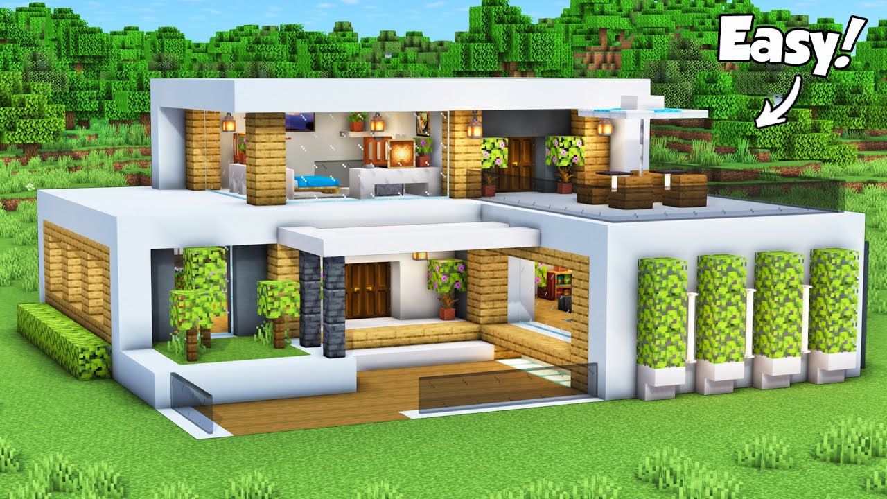 Minecraft: How to Build a Modern House Tutorial (Easy to Follow) #75 - Interior in Description!
