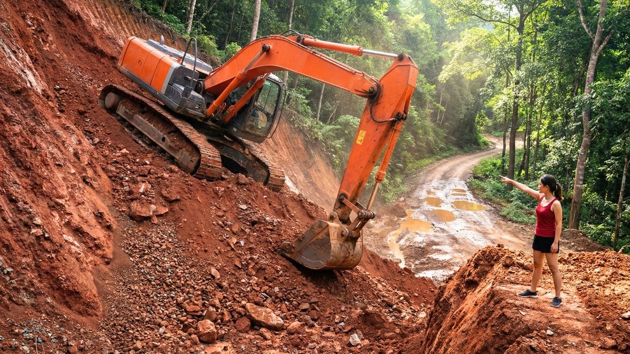Excavator Leveling Landslide Prone Mountainside Into Safe Land, Building New Home For Poor Family