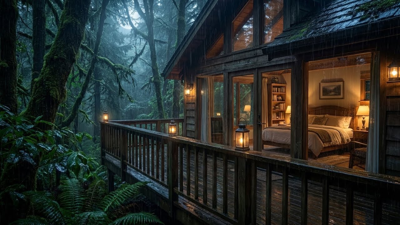 Magical Rain Sounds for Sleep in Log Cabin with Fireplace and Lanterns to Sleep Instantly 💤