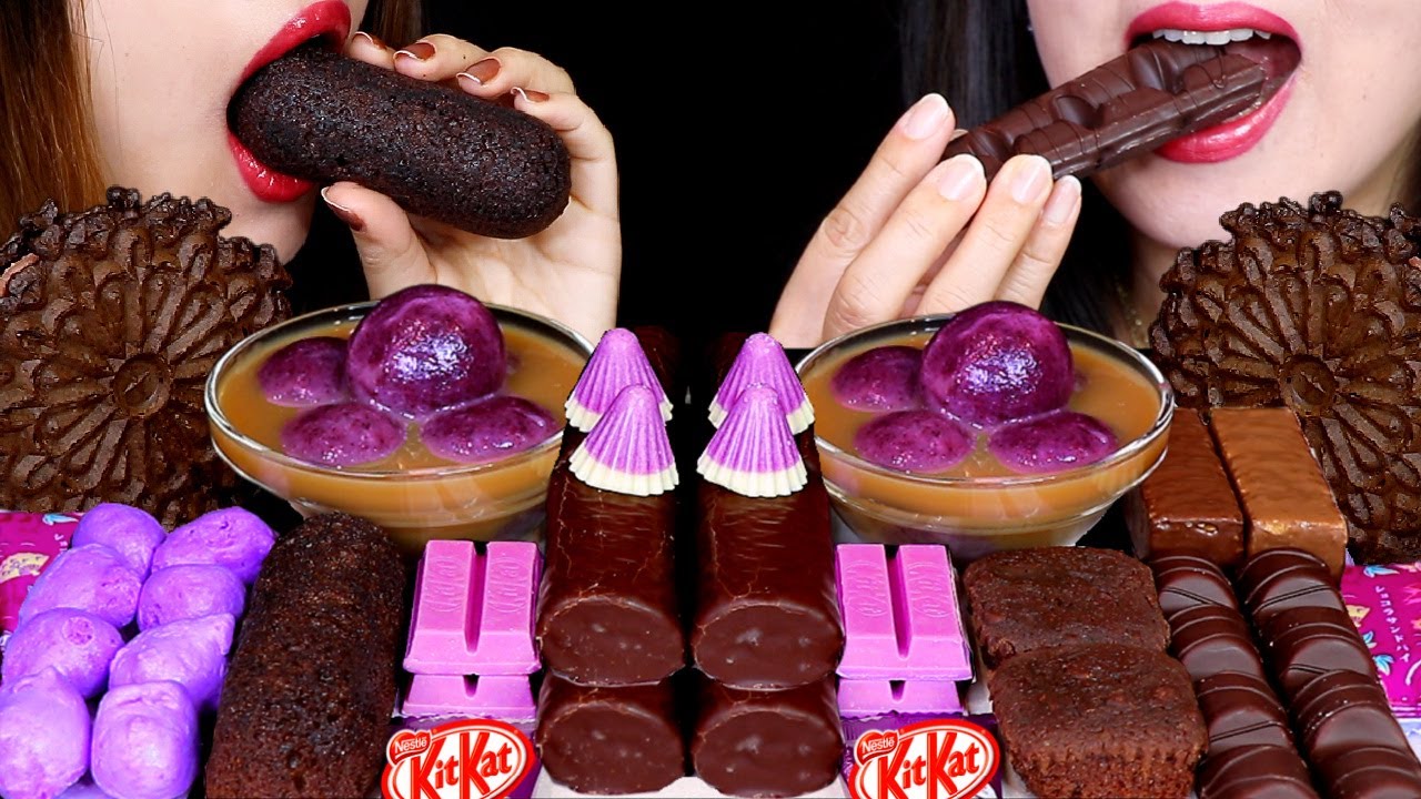 ASMR PURPLE TANGYUAN MOCHI BALL, DARK CHOCOLATE KINDER, KITKAT, CHOCOLATE CAKE, TWINKIE, ICE CREAM먹방