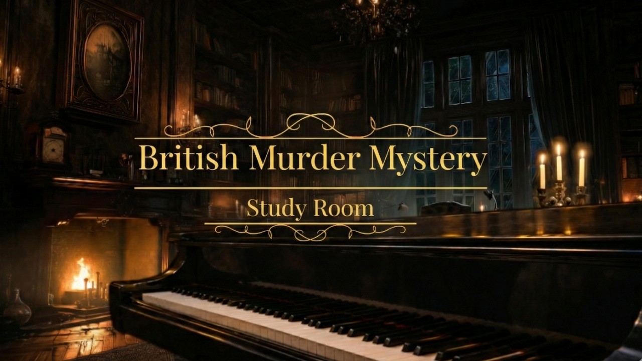 British Murder Mystery Study Room | Fireplace & Piano Ambience
