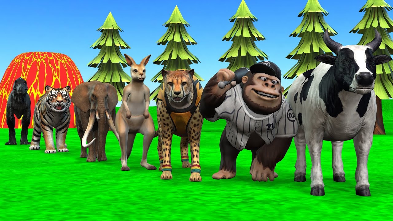 Paint & Animals Mammoth,Gorilla,Lion,Duck,Cow,Panda Fountain Crossing Transformation Animal Cartoon
