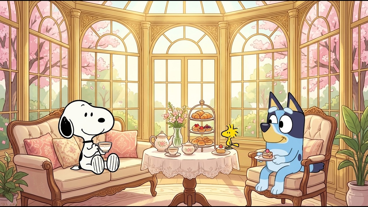 Snoopy & Bluey Spring Tea Room 🌸 Smooth Jazz Lofi for Study & Relax ☕ Elegant Blossom Vibes