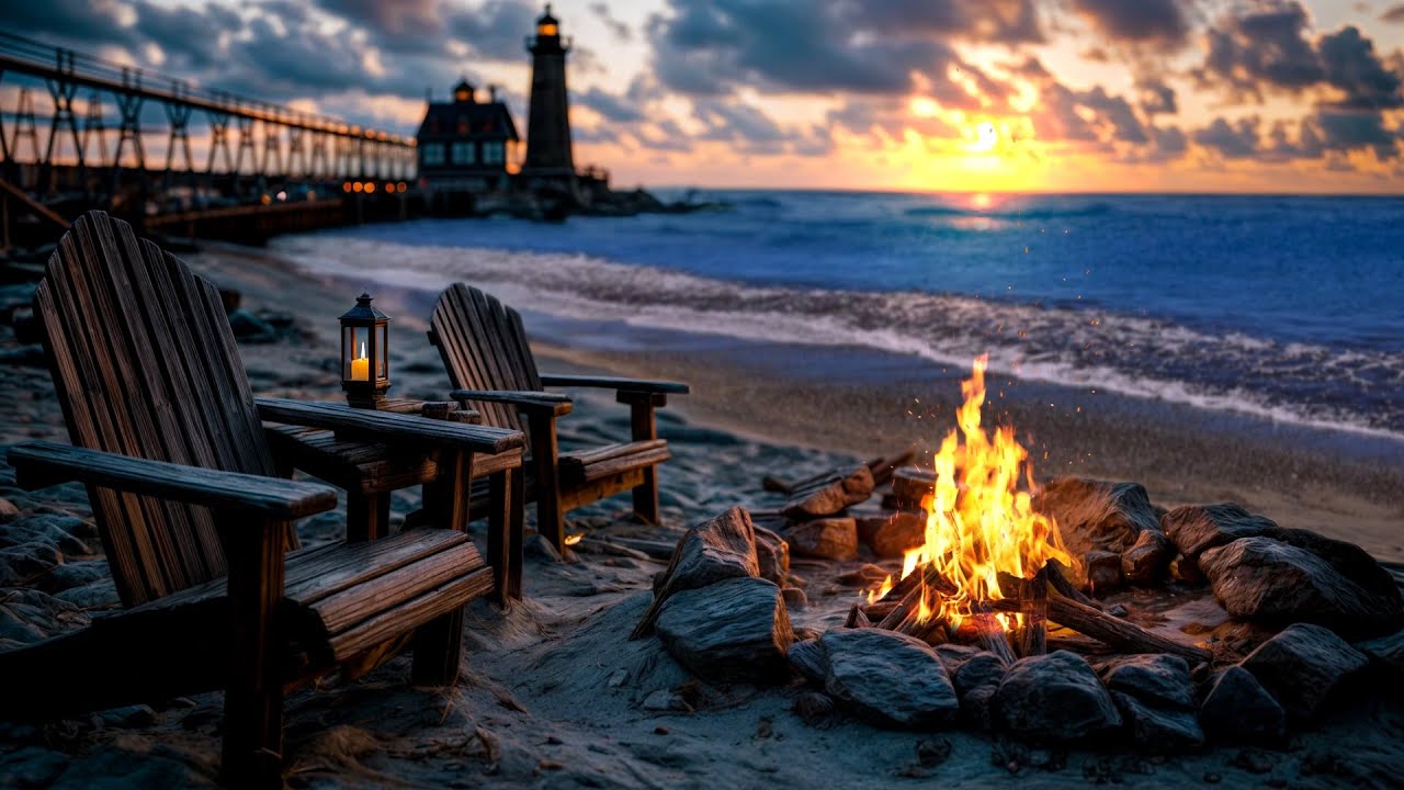 No Ads- Lighthouse Sunset & Cozy Fire 🌊🕯️ | Peaceful Beach Ambience for Relaxation