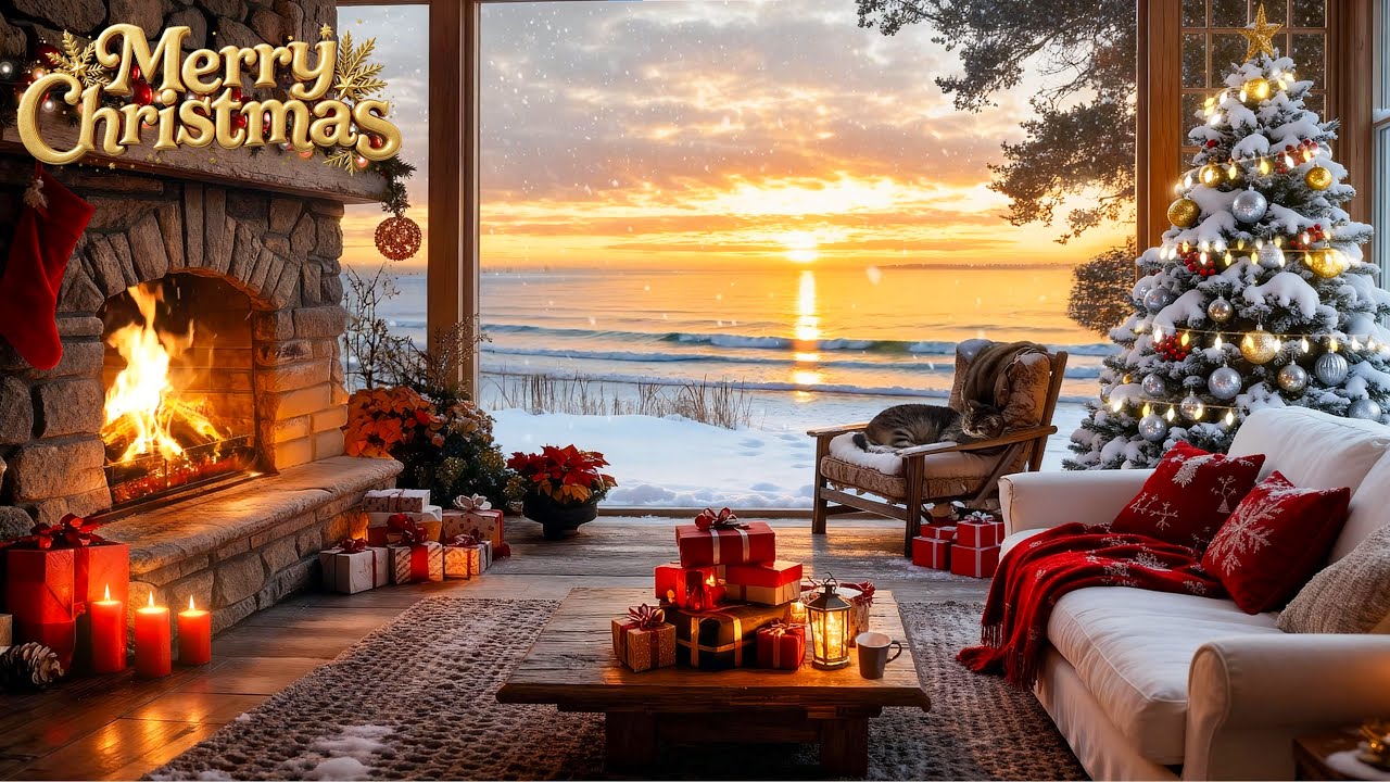 Christmas Beach Ambience 🎄 Instrumental Christmas Music with Ocean Waves & Cozy Fireplace