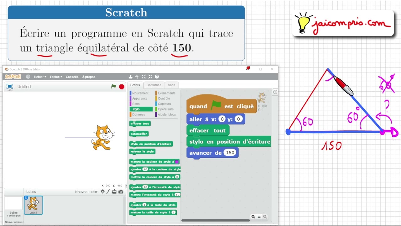 Exercice ♦ Écrire un programme sur Scratch • Tracer un triangle équilatéral ♦ Quatrième