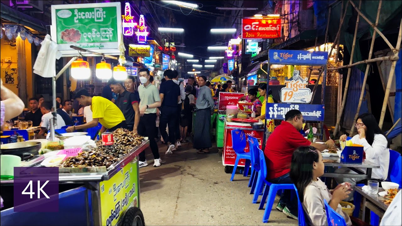 Yangon Night Ambience in Downtown, 19th street in Chinatown, Beer Street