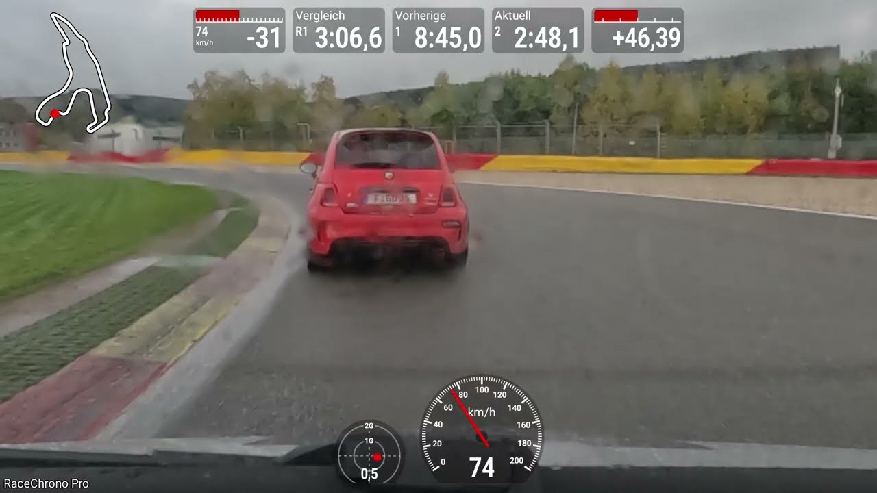 DSK Trackday Spa 22.10.2025. In Runde 2 ist es noch feucht. Ich verfolge die beiden anderen Abarth.