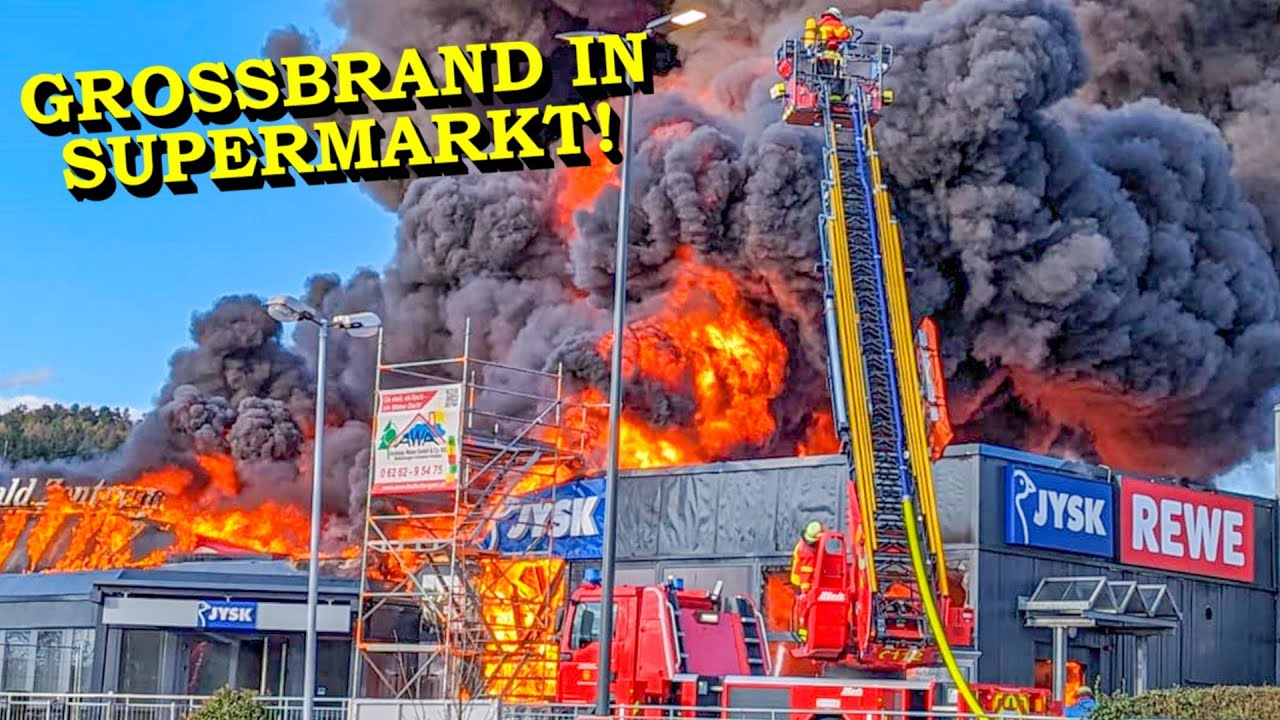 [ERSTVIDEO] +++ GROSSBRAND ZERSTÖRT SUPERMARKT +++ EXPLOSIONEN | FEUERWEHR im GROSSEINSATZ | Mosbach