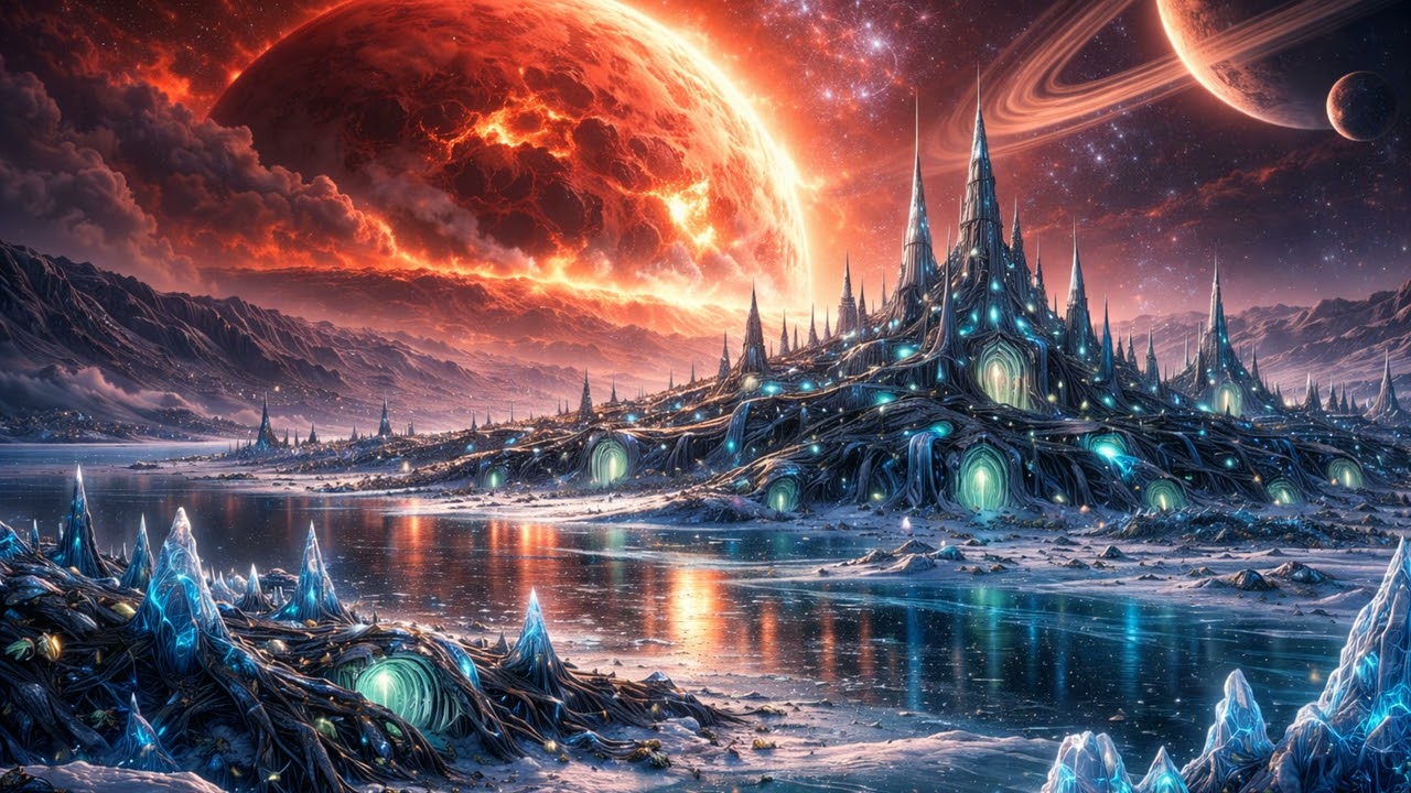 Red Sky Over Ice Hive | 3 Hour 4K Space Screensaver TV Wallpaper