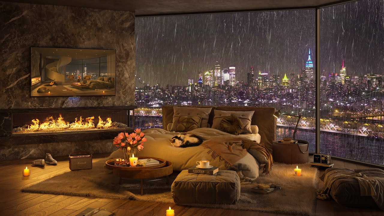 🌧️ Relaxing Piano Jazz Music in Rainy Night with Cozy Bedroom Ambience at New York City for Sleep