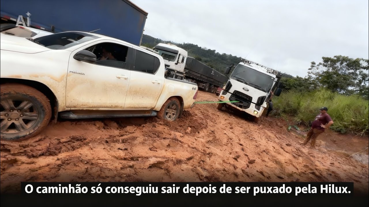 ￼ CAMINHÃO BOIADEIRO SÓ CONSEGUIU SAIR DO ATOLEIRO DEPOIS QUE A HILUX PUXOU 