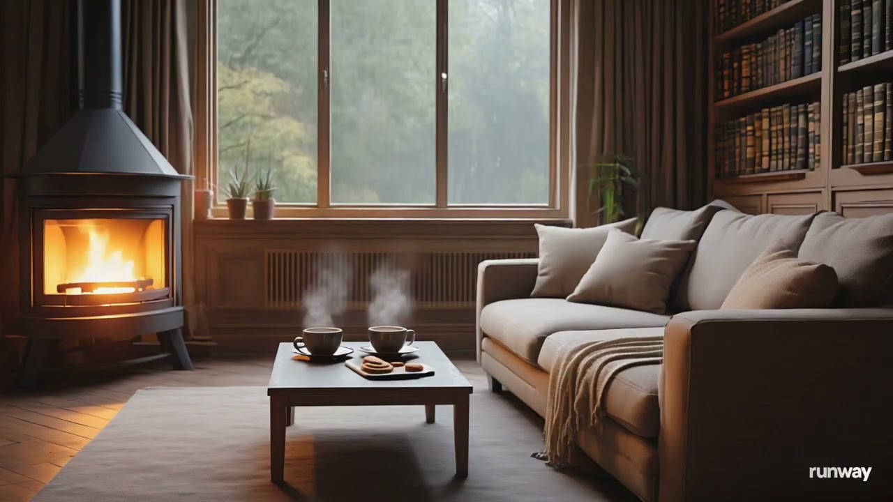 Rainy Window Library 📚 Cozy Fireplace Ambience | Dark & Warm Reading Room (1.5 Hours • 4K)
