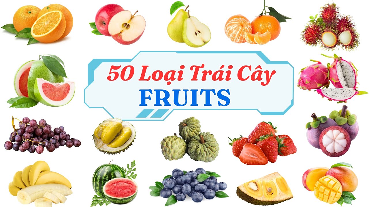 Fruits | Bé Học 50 Loại Trái Cây | Tên các loại trái cây bằng Tiếng Việt và Tiếng Anh | Quả Cam, Táo