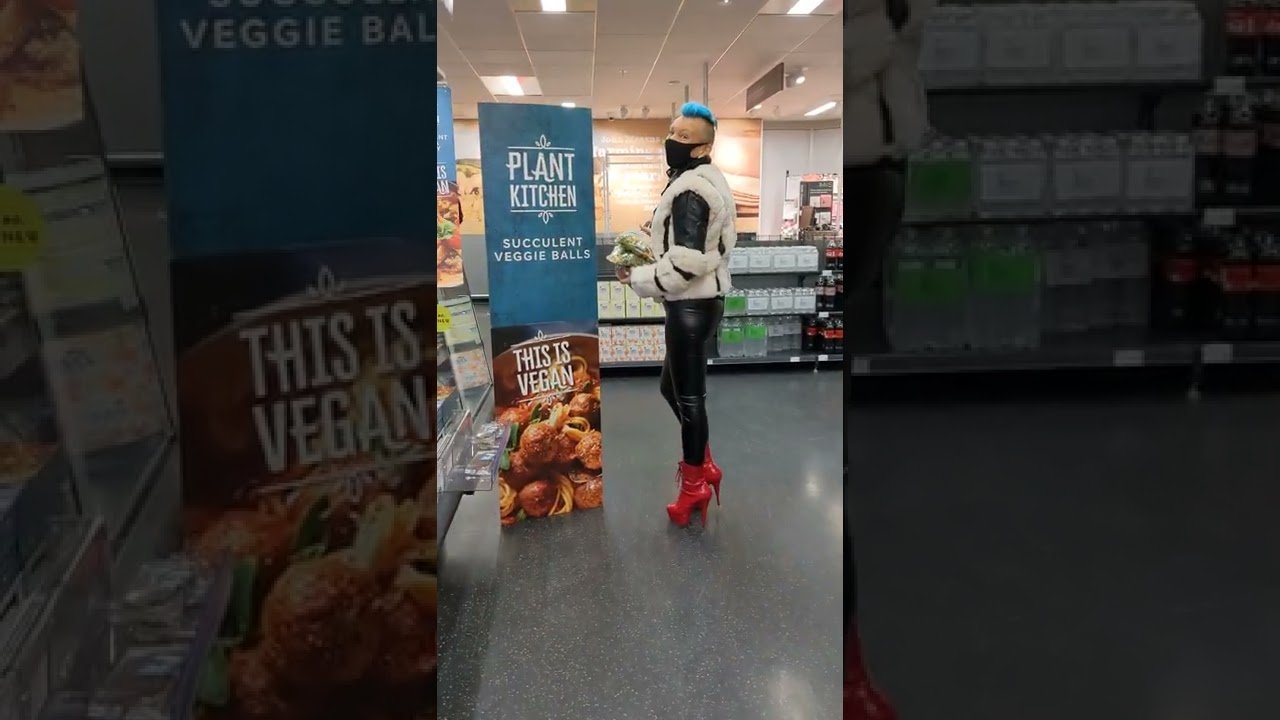 Fun in Public in Red High Heel Pleaser Boots, leather leggings