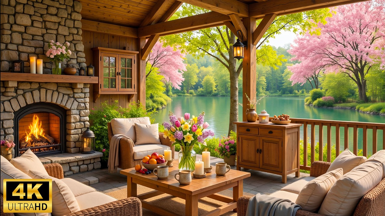 Peaceful Spring Morning Lakeside Cabin☘️Smooth Piano Instrumental Music with Cozy Fireplace for Calm