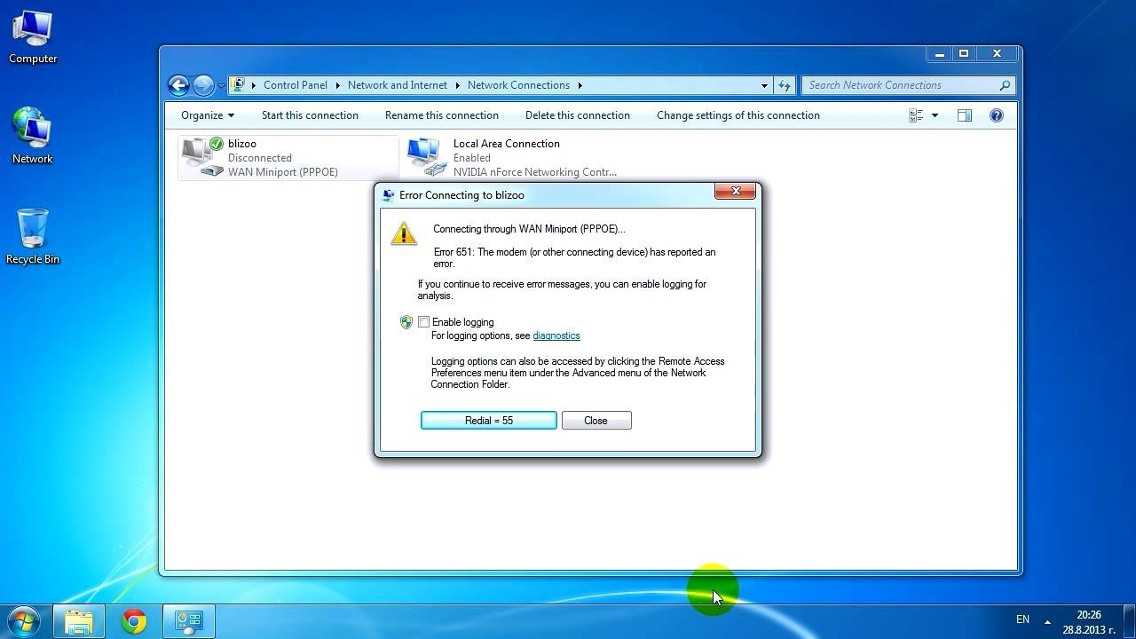 Blizoo (Win 7): Error 651: The modem (or other connecting device) has reported an error.