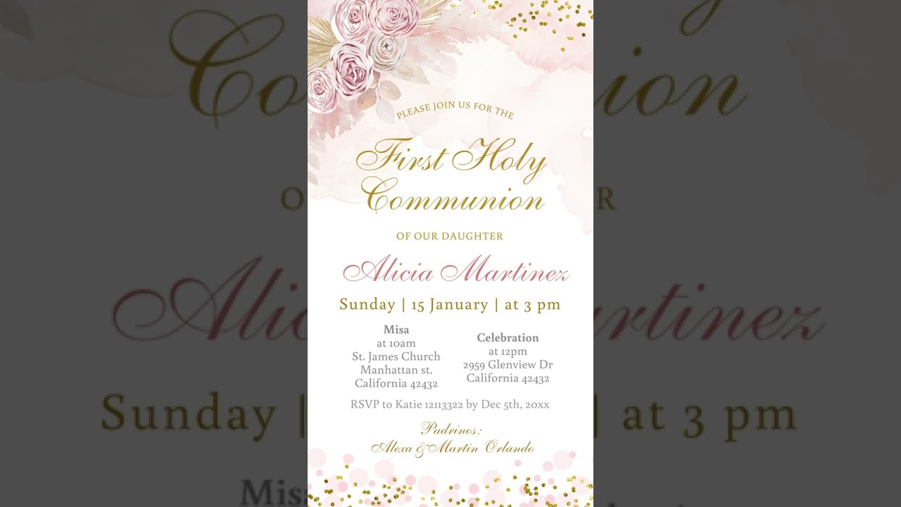 E23 Boho Floral Pampas Grass First Holy Communion Invitation