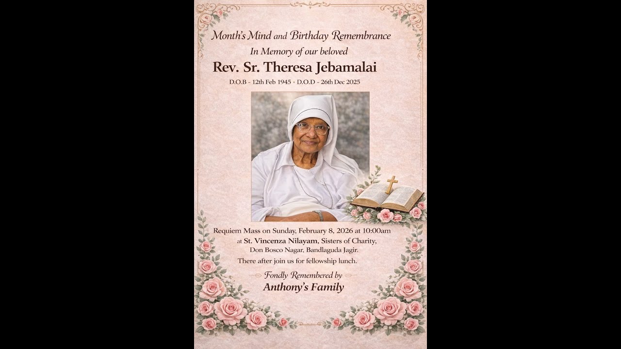 Requiem Mass 10am | Rev. Sr. Theresa Jebamalai | St. Vincenza Nilayam, Sisters of Charity | 8-2-26