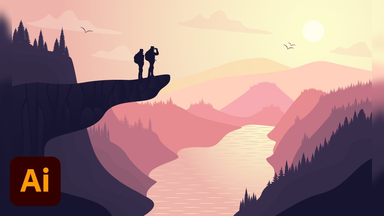Hikers On A Cliff Adventure | Nature Landscape Vector Illustration | Adobe Illustrator CC Tutorial