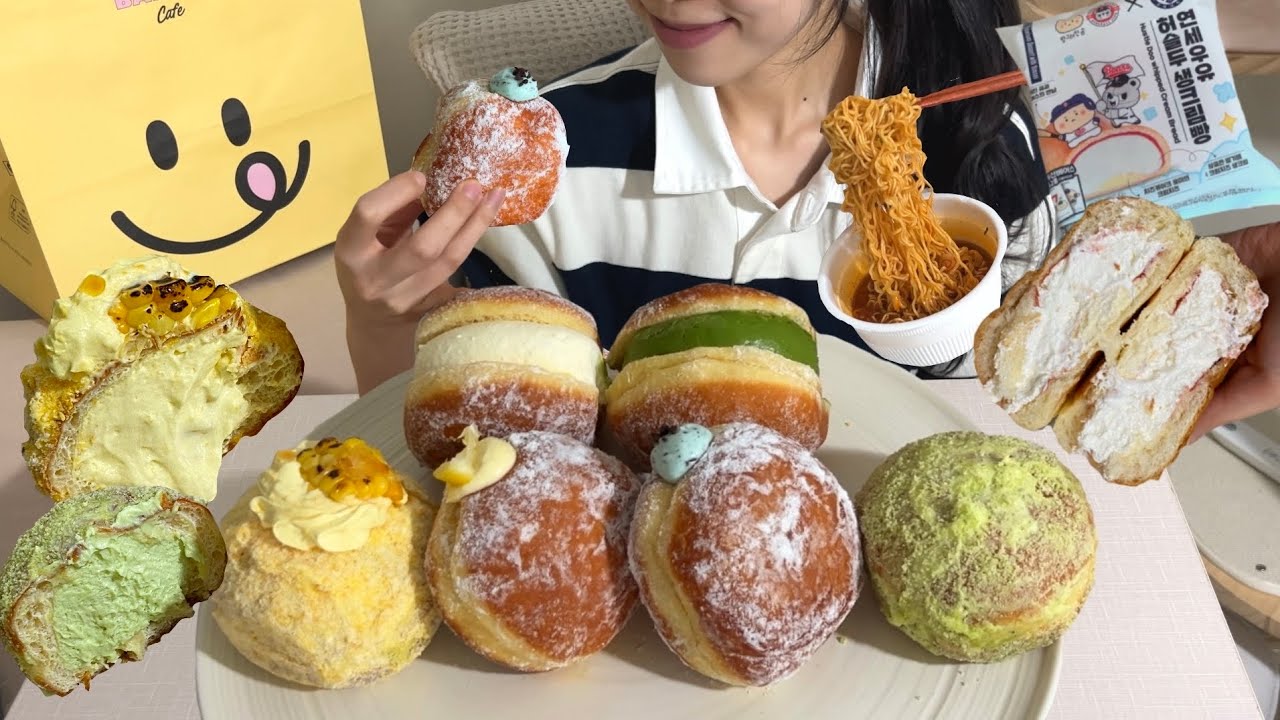 SUB) 노티드.🍩(우유크림도넛/초당옥수수크림도넛/메론크림도넛/민트초코크림도넛/그린티쇼콜라도넛/레몬슈가도넛/디저트 먹방/도넛 먹방/연세 허슬두생크림빵/Dessert Mukbang)
