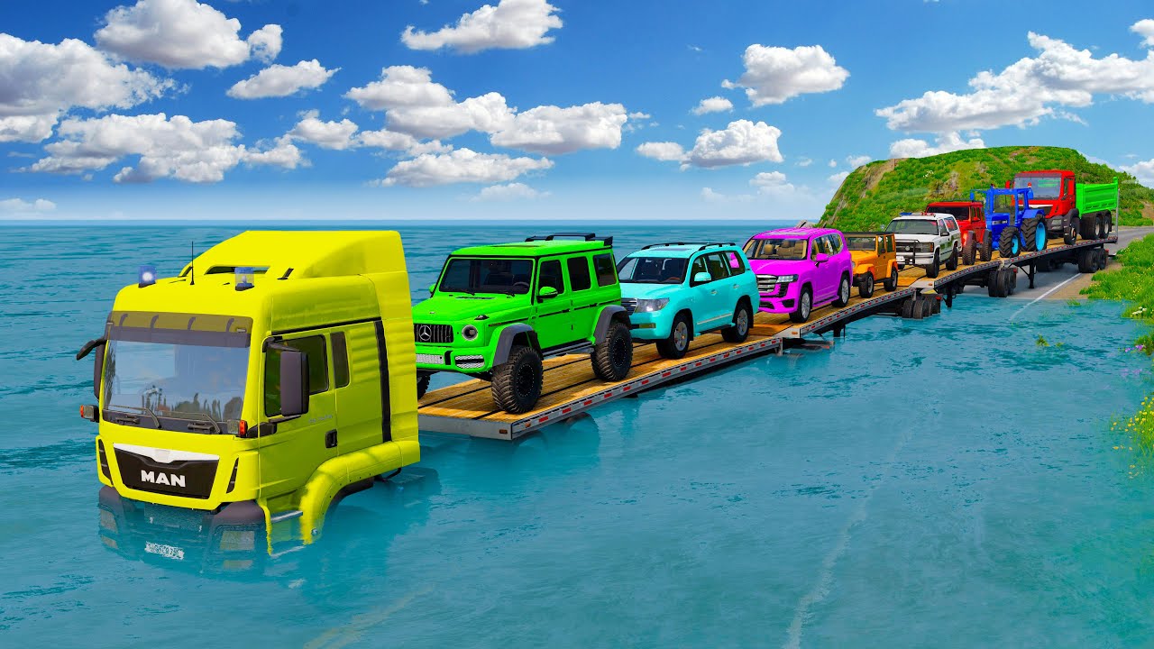 Triple Flatbed Trailer McQueen Transportation with Truck - Speedbumps vs Cars vs Train - BeamNG #13