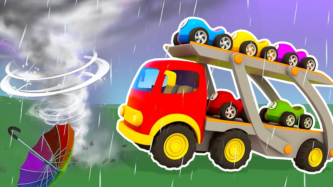 Un transportador de coches. Veh&iacute;culos de servicio. Dibujos animados y caricaturas de coches.