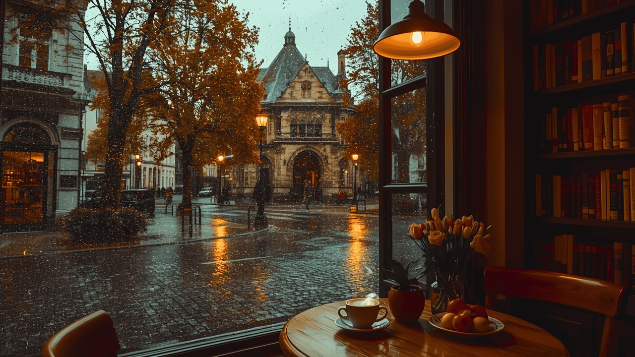 Peaceful Rain at Cafe Ambience 🌸 Relaxing Jazz Background Music for Work, Study