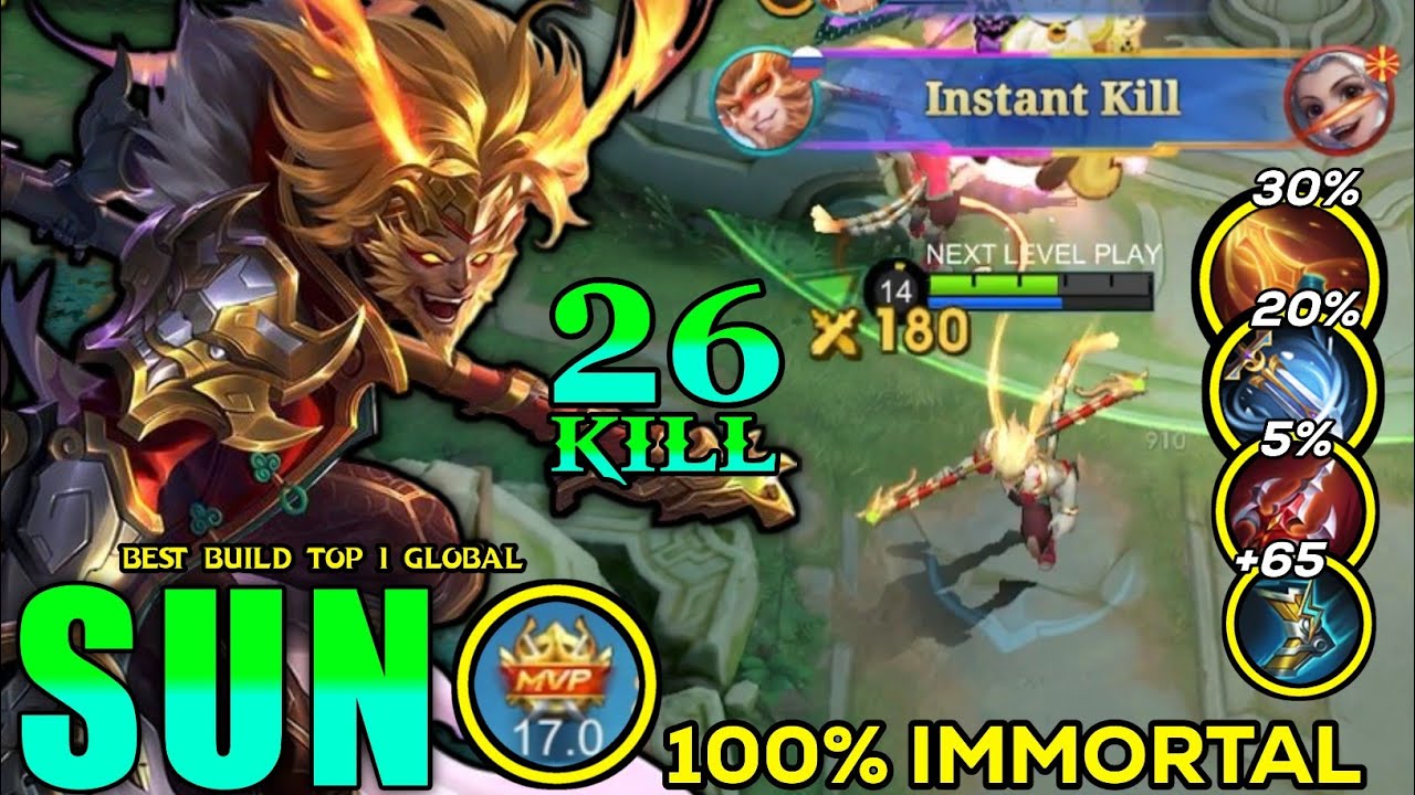 26 Kills!! Sun Best Build Offlane 100% IMMORTAL!! - Best Build Top 1 Global Sun - MLBB