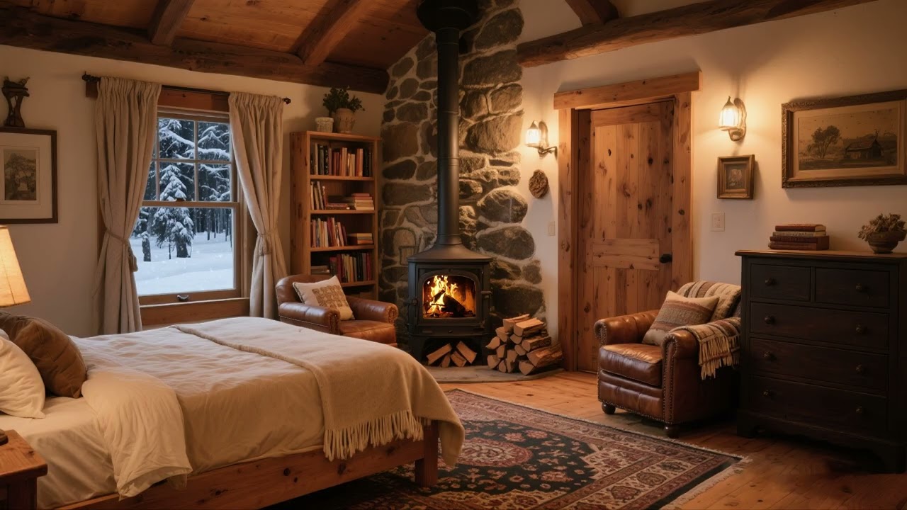 Listening to the fireplace crackling inside while it snows outside | Helping you get a deep sleep