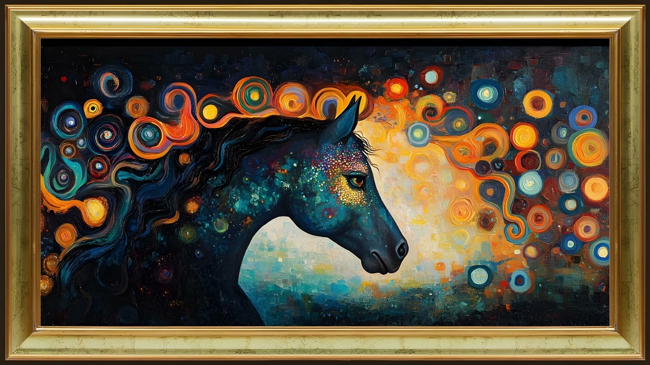 Blue Horse, Modern Boho Oil Painting | Gold Framed TV Art Screensaver