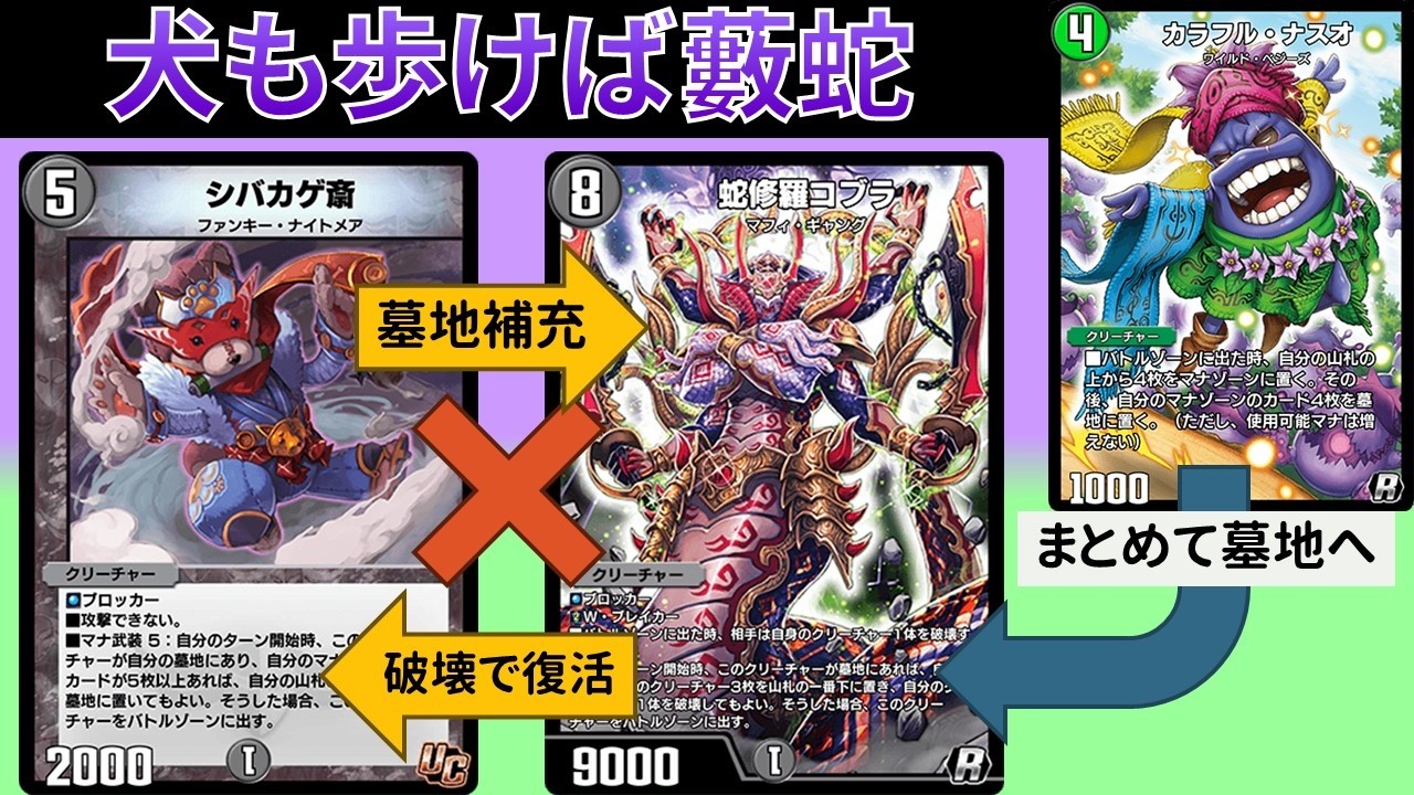 墓地からの無料アクションが楽しすぎる『黒緑シバカゲコブラ』【デュエプレ】【DMPP-34】