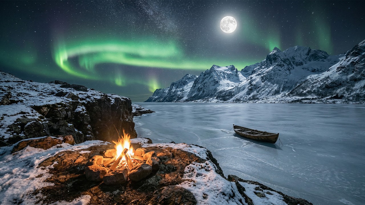 10 Hours of Crackling Campfire by a Frozen Lake Under the Northern Lights (Full Moon Ambience)