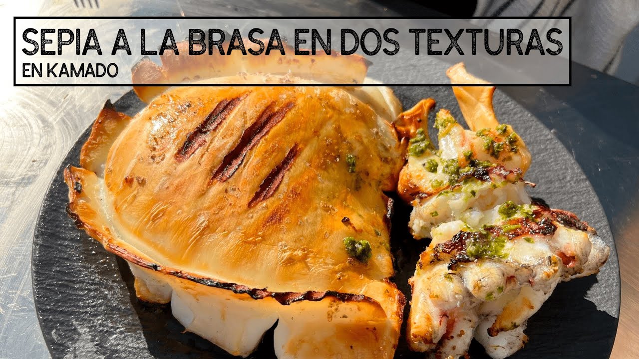 Sepia a la brasa en dos texturas en kamado con mojo picón verde de la palma.