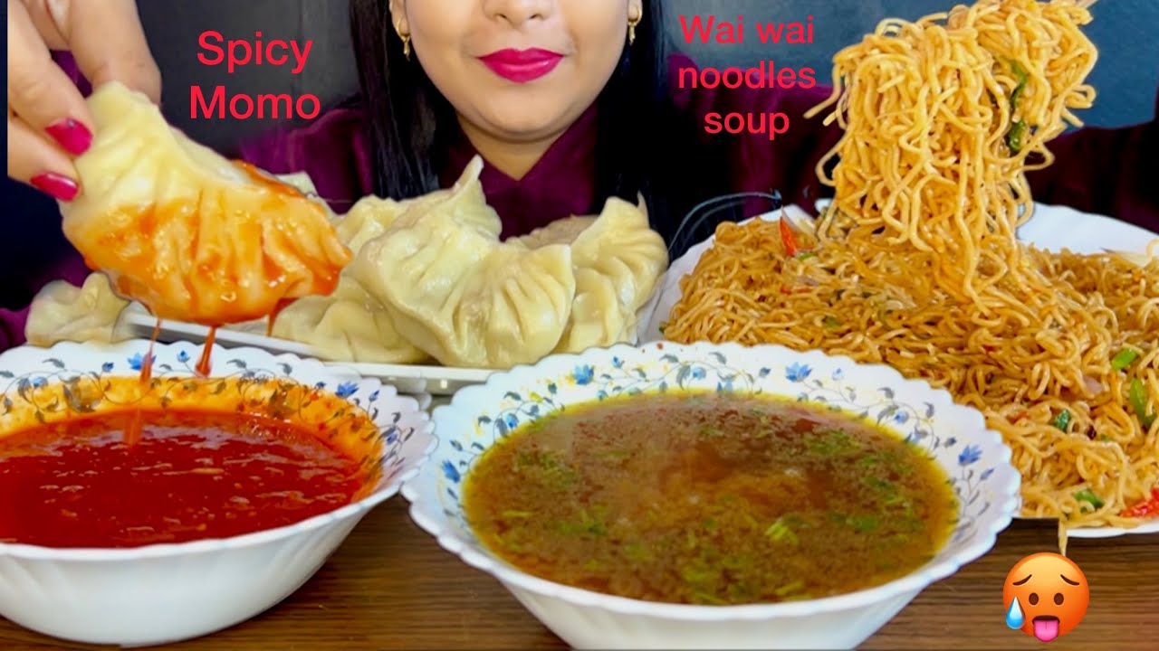 HOT & SPICY MOMOS CHALLENGE 🥵 | WAI WAI NOODLES WITH SOUP | STREET FOOD CHALLENGE | MUKBANG ASMR
