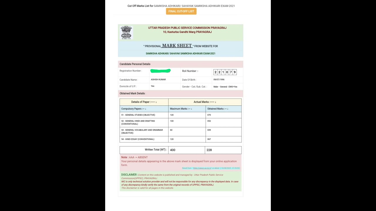 UPPSC RO/ARO 2021 Mains Marksheet