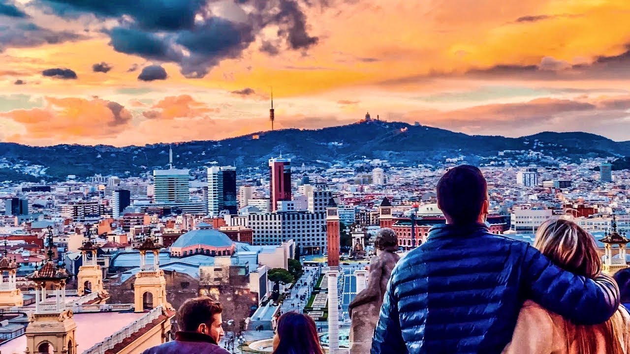 Barcelona 4K. Montjuic Hill - Amazing Sunset Panoramic View
