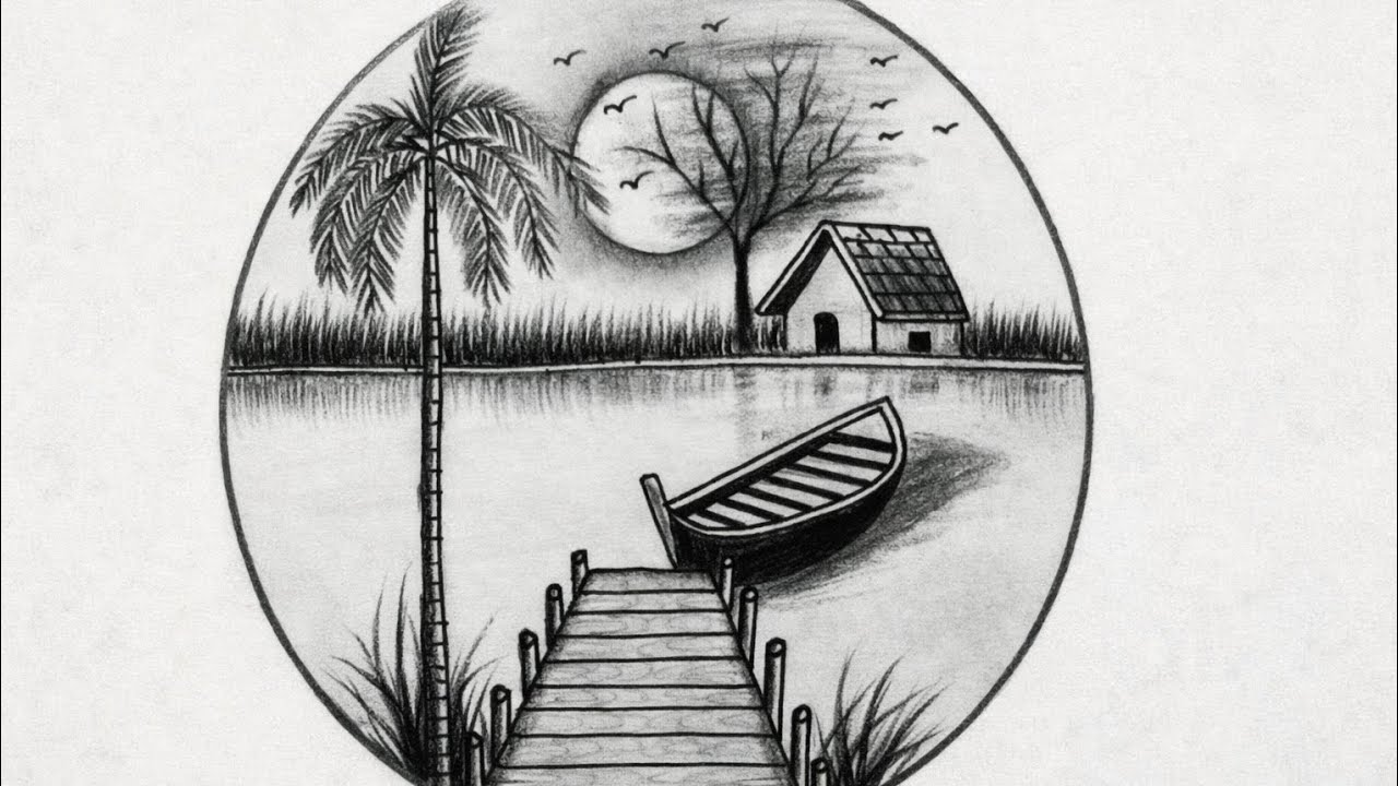 Peaceful Riverside Bridge Scenery Drawing
