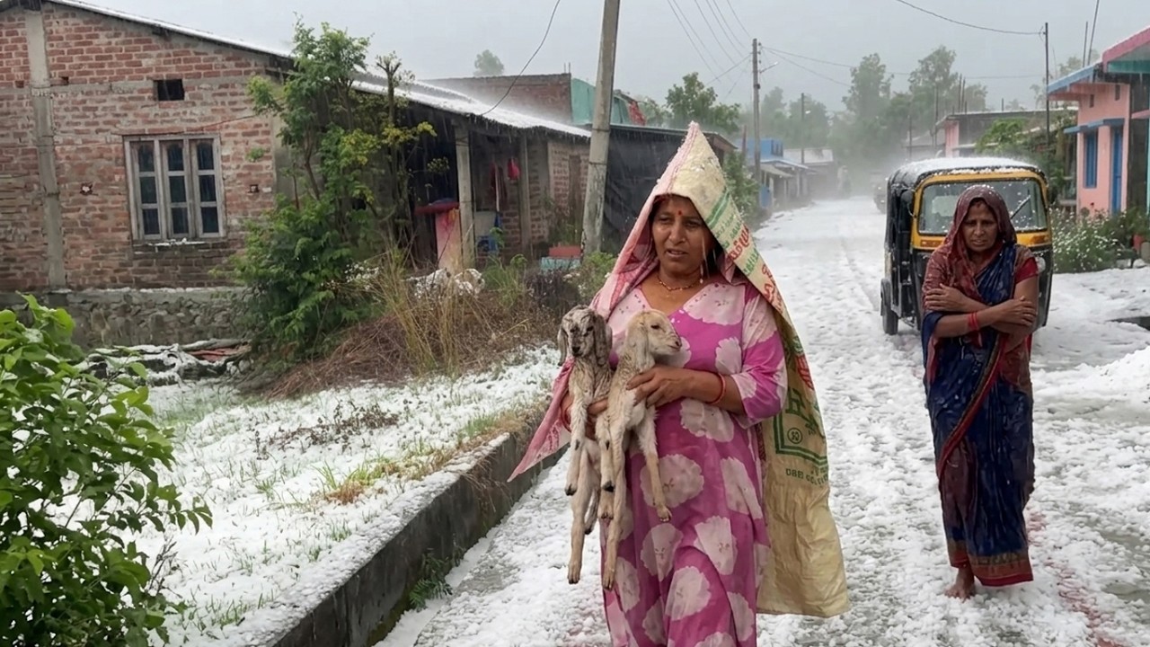 Hail Storm Thunder and Heavy Rain Walking through Small Village