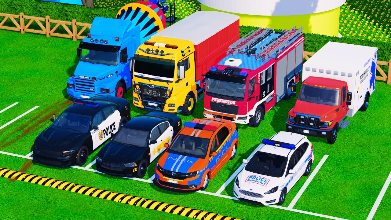 Transporting POLICE, SHERIFF, AMBULANCE, FIRE TRUCK, BOX & MIXER TRUCK with VOLVO 🚛🔥 | FS22 #54