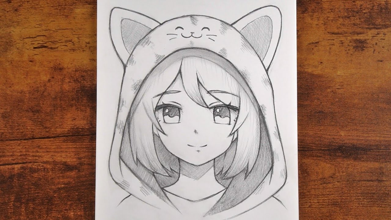 Cute Anime Girl Sketch with Cat Hoodie (Easy Steps)